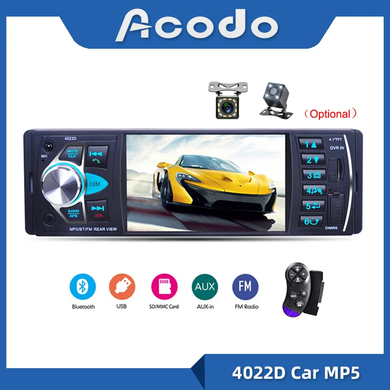 

Автомобильный радиоприемник 1 Din, 4,1 дюйма, аудио, стерео, Bluetooth, FM-приемник, поддержка USB, камера заднего вида и управление рулевым колесом