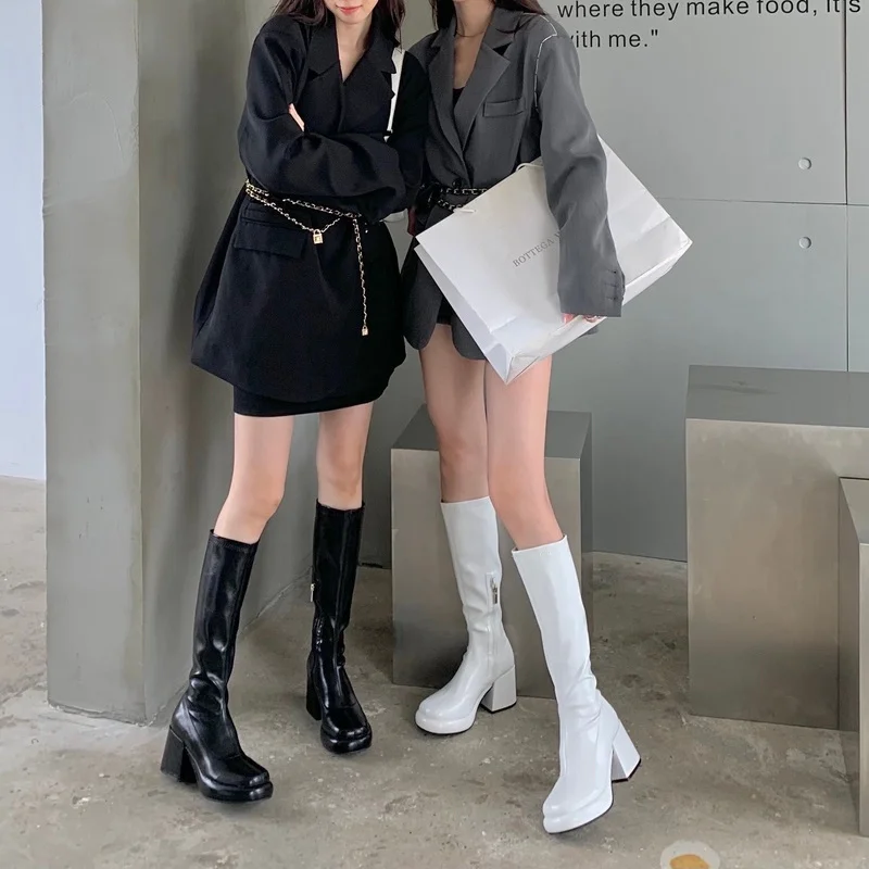 Pu Leather Large Tube High Boots Brown Knight Boots Women's 2023 Spring and Autumn Thick Bottom Small High Heel Thick Leg Boots