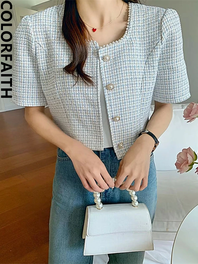 

Colorfaith New 2022 Chic Korean Fashion Checkered Tweed Shirt Women Summer Retro Elegant Pearl Blouses Lady Short Tops BL1716JM