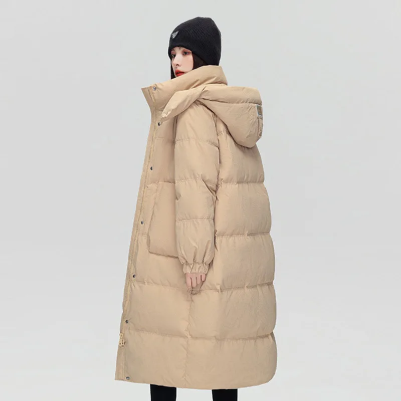 damska biała kurtka puchowa długa kołnierz z kapturem luźna ciepła gruba moda nowość zima 2024