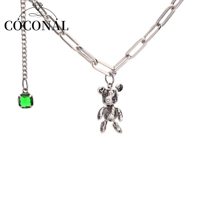 

Coconal Fashion Women Silver Color Bear Sweater Necklace for Women INS Elegant Green Zircon Pendant Necklace Bride Jewelry Gift
