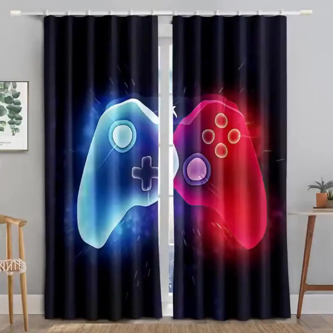 

2pcs Blue Red Gamepad Pattern Curtains Wall Decor For Bedroom Study Kitchen Living Room Playroom Window Drapes With Free Accesso