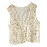 women hollow out crochet crop top vest v neck open front floral lace sleeveless casual loose jacket