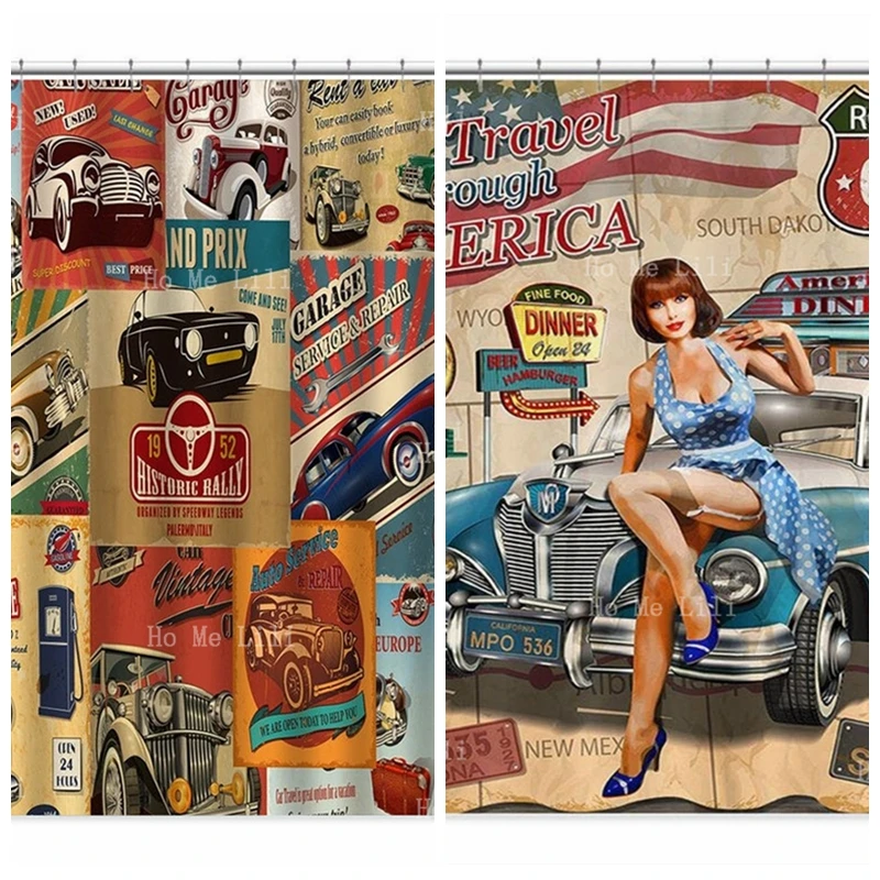 

Vintage Garage Retro Poster Classic Car Themed Automobile Mechanic Nostalgic Shower Curtain Bath Decor Waterproof Fabric