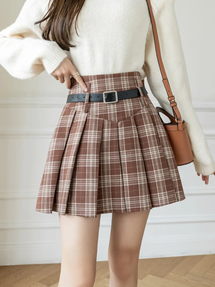 

Vintage Pleated A Lline Skirt with Belt Women Korean Fashion High Waist Plaid Faldas Mujer Preppy Style Dance Skirt Y2k