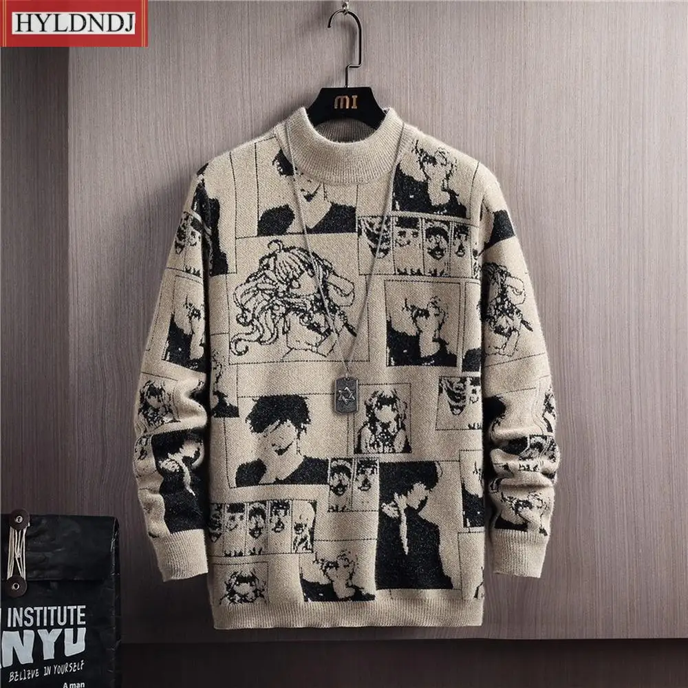 Men Winter Sweaters Long Sleeve Pullovers Anime Clothes Men Streetwear Cartoon Pattern Mock Neck Sweater Japan Anime Sweater