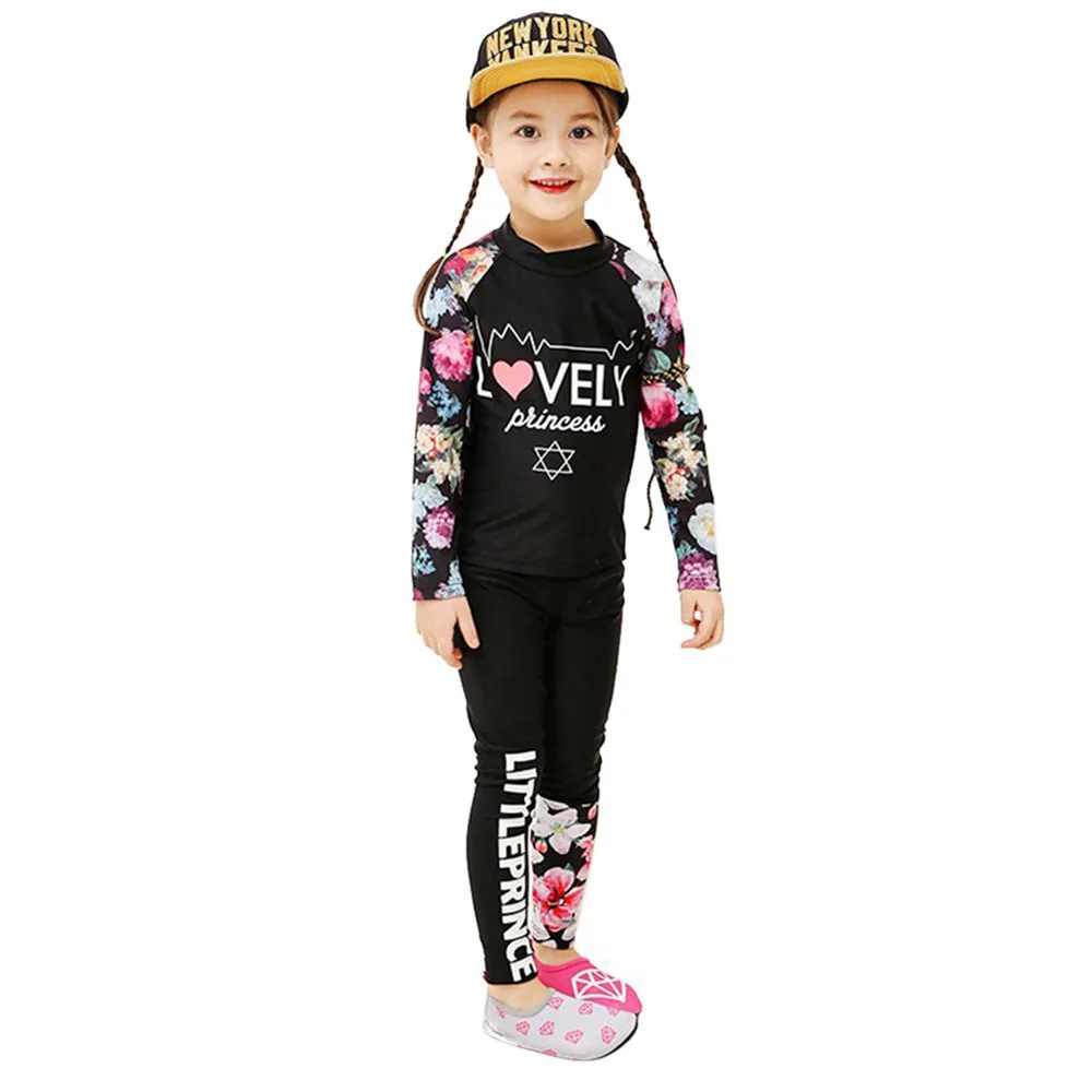 Girl Two Pieces Suit Beachwear 3-10 Year Children Long Sleeve Swimsuit 2023 Kid Cute Letter Print Swimwear Baby Bathing Suit