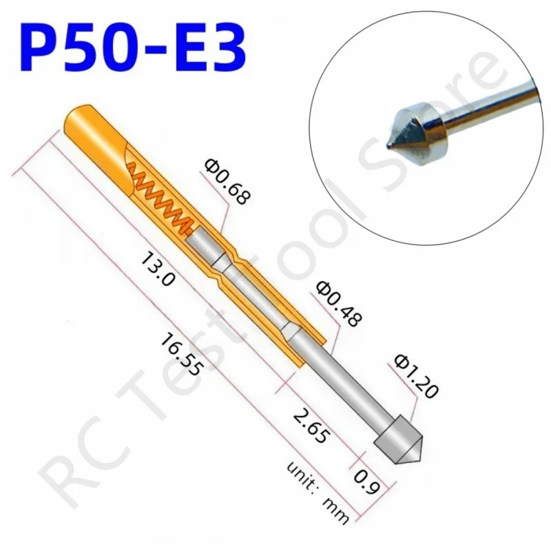 

20/100 шт. P50-E3, пружинный тестовый щуп, тестовый штифт, Pogo Pin, P50-E, инструмент для тестирования электрической печатной платы, 1,20/0,68/16,55 мм, игла, коническая головка, наконечник