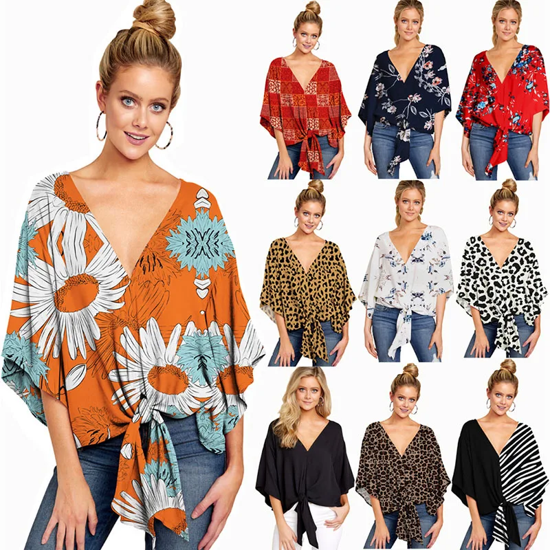 

Summer Fashion Sunflower Print Women's Shirt Tops Casual Sexy Deep V Neck Half Sleeve Elegant Ladies Bandage Shirts Basic 2022