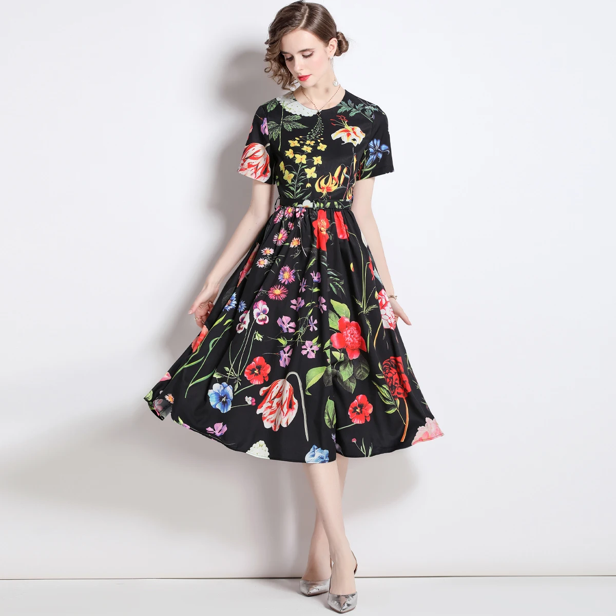 

2022 Summer New Arrivals Office Dress Women Elegant Printed Short Sleeve High Waist A Line Fashion Work Business Vestidos Dress