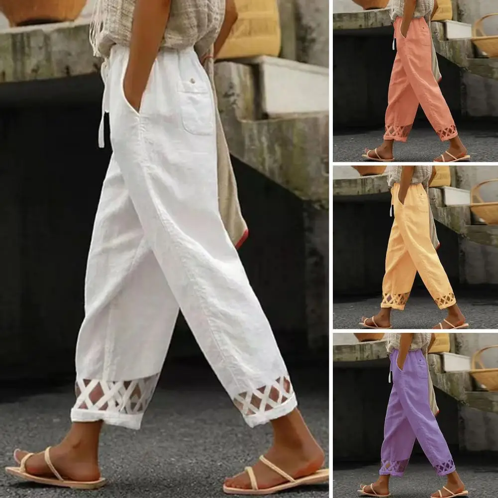 Hollow Cuffs Elastic Waistband Women Pants Drawstring Pockets Straight Wide Leg Vintage Solid Color Casual Pants Daily Garment