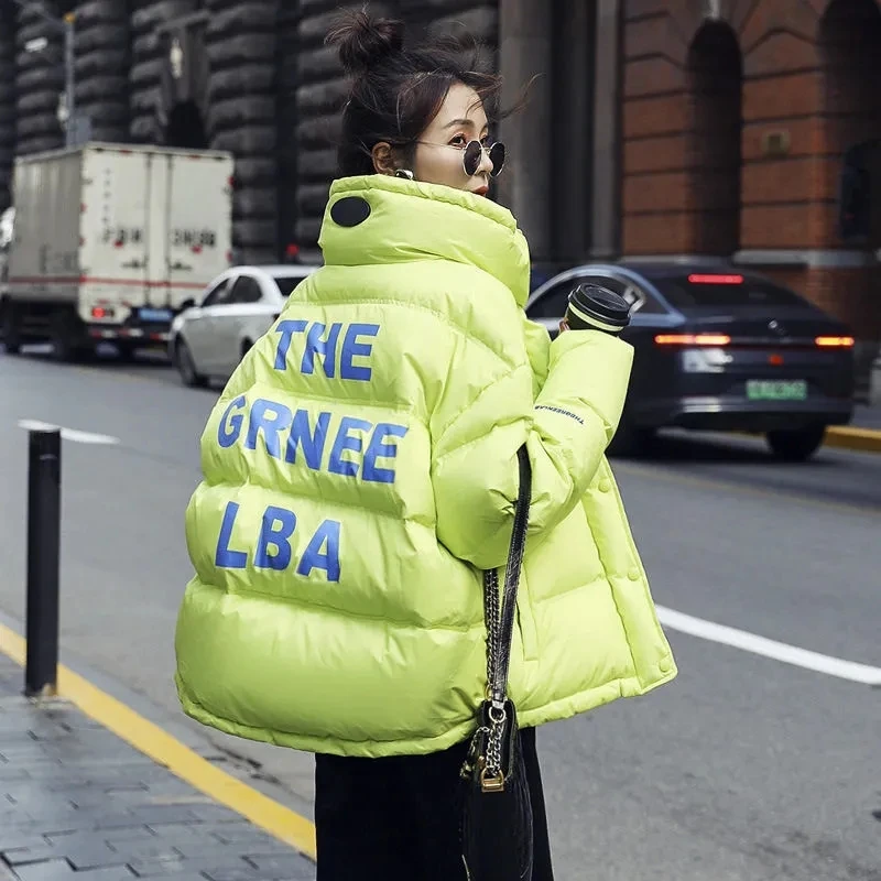 

Women White Duck Down Coats Loose Letters Print Warm Parkas Casual Winter Down Jackets Stand Collar Thick Teen Girl Female New