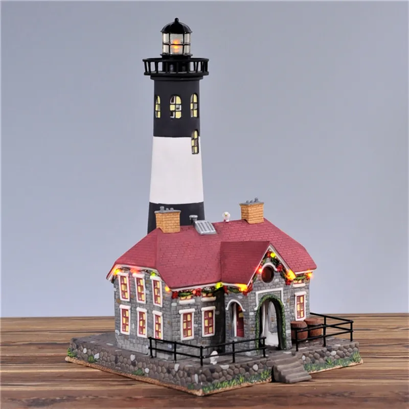 

Mediterranean Style Glowing Lighthouse Hand-painted House Building Scene Ceramic Crafts Office Desktop Ornament Home Decorations