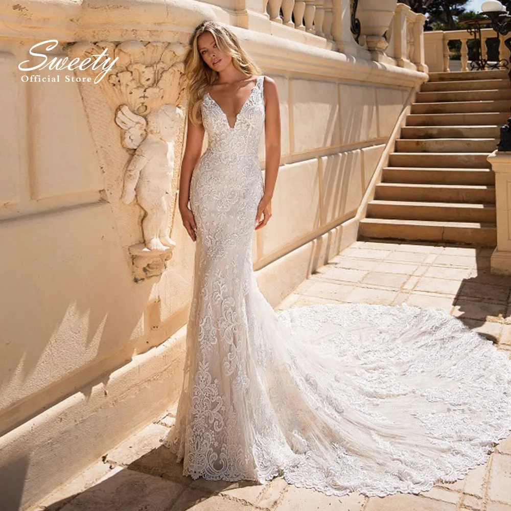 

Mermaid Sexy Wedding Dresses With Lace Appliques Slim-line V-neck Strap Sleeveless Bride Gowns Back Zipper Vestido De Casamento
