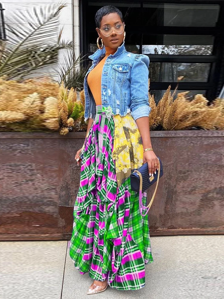 Женская плиссированная юбка в клетку винтажная клетчатая Макси-юбка с