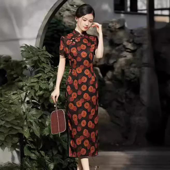 Тяжелое женское шелковое платье Чонсам из Гуандуна новинка 2024 улучшенное