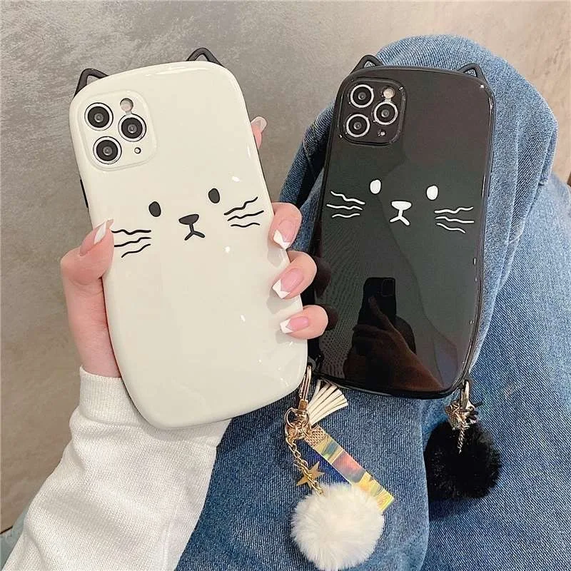 

Cartoon Hello Kitty Hair Ball Ornament Phone Cases For iPhone 13 12 11 Pro Max XR XS MAX X Lady Girl Shockproof Soft Shell Gift