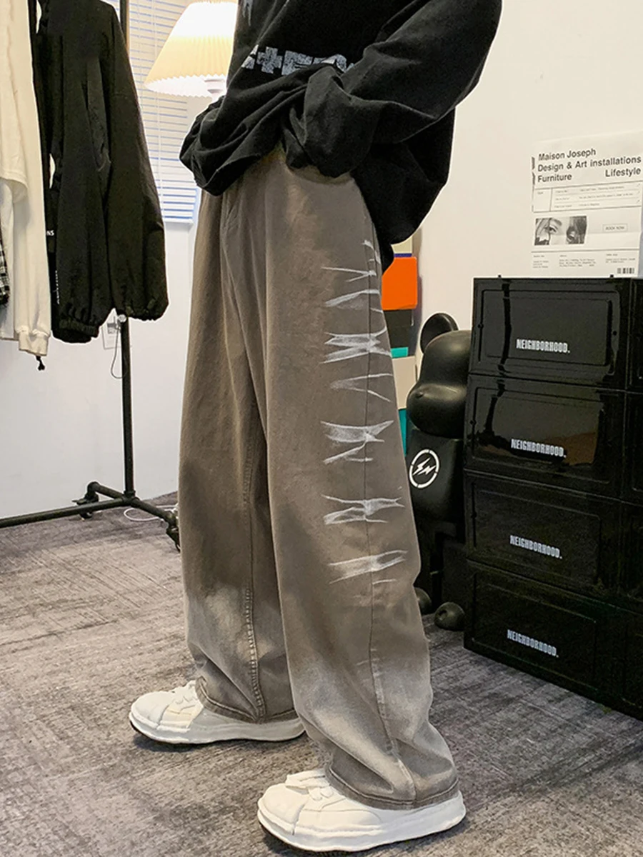 European and American Men's New Gradient Jeans Men's Trend American Loose Straight Paint Wide Leg Pants Streetwear Men Clothing