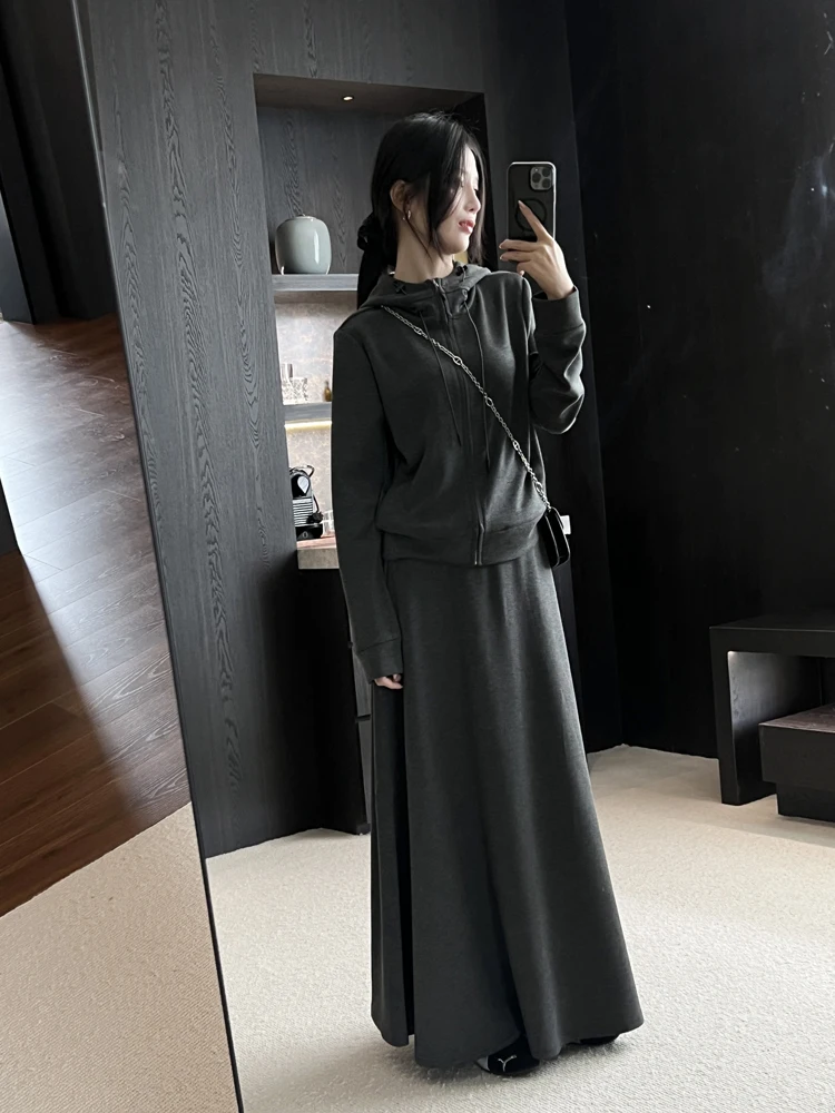 Осенняя одежда Темно-серый костюм-двойка Женская мода Спорт и отдых Толстовка с