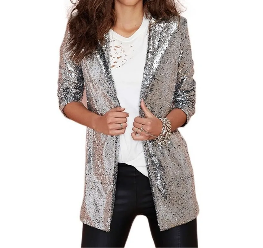 Black Buttonless Sequined Blazers Women Mid Length Solid Colors Suits 2023 Party Blazer Spring Autumn New Large Graduation