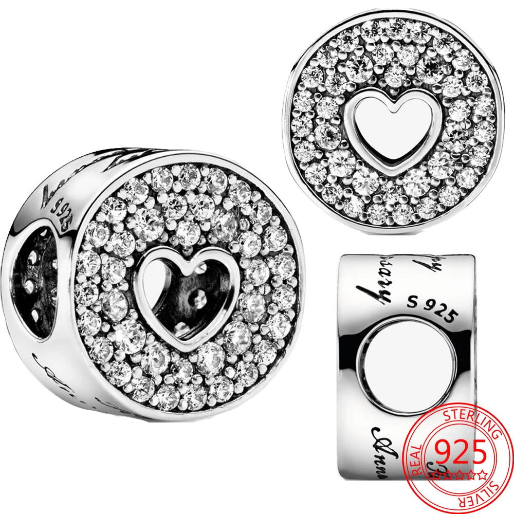 

Sparkling Round Cutout Pavé & Heart Anniversary Charm Fit Brand Bracelet 925 Sterling Silver Jewelry Graduation Gift Charm