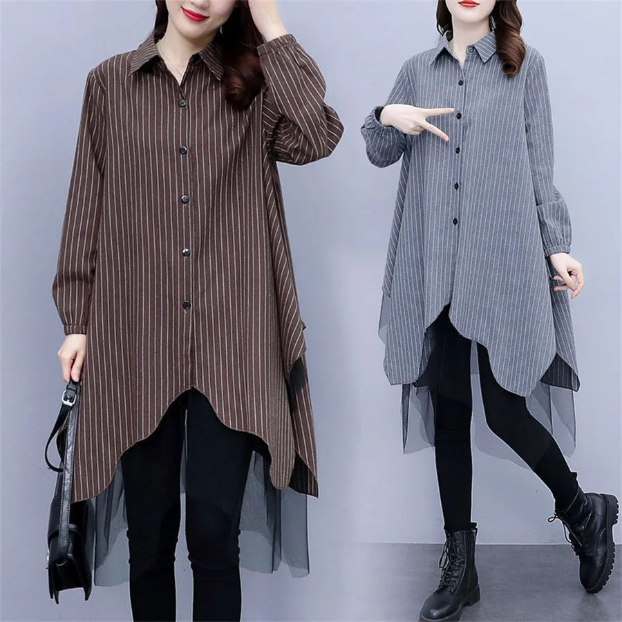 

Long Shirt Women Blouse Plus size Striped striped Ladies Office Shirt Cotton Linen Long sleeve Casual