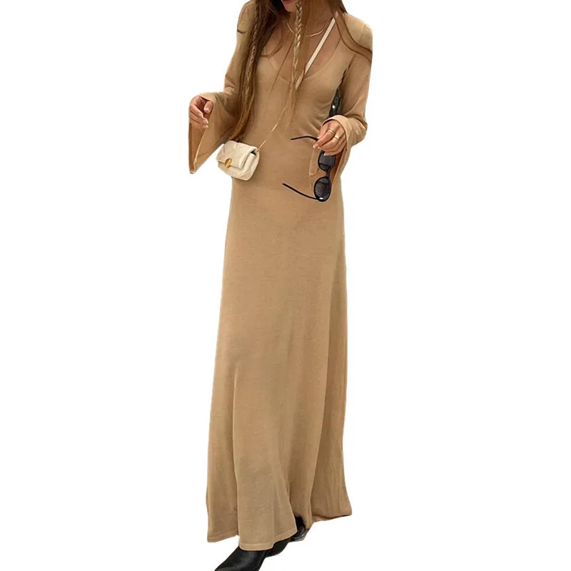 

Женское длинное облегающее платье, элегантное пикантное однотонное платье с V-образным вырезом и длинным рукавом, вечерняя одежда, весна-ос...