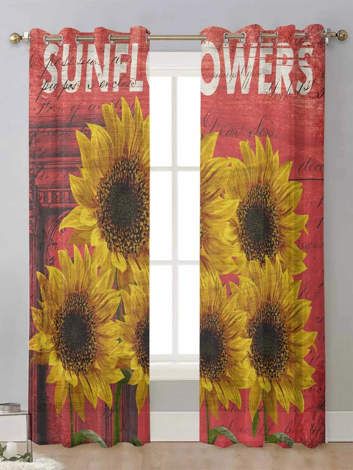 

Sunflower Wood Grain Retro Farm Sheer Curtains For Living Room Window Transparent Voile Tulle Curtain Cortinas Drapes Home Decor