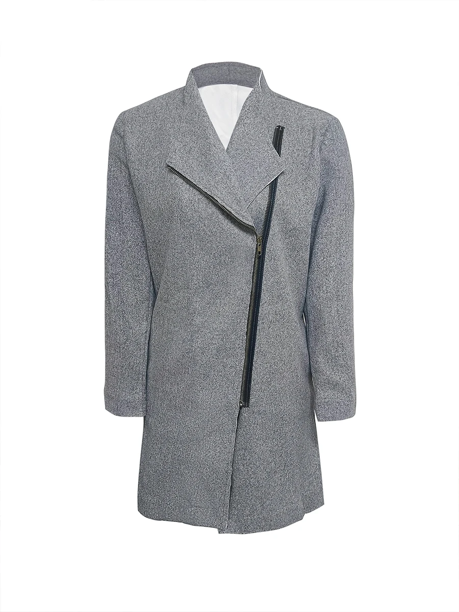 Модное Серое Пальто На Молнии LW С Зубчатым Воротником Осенне-зимняя Женская