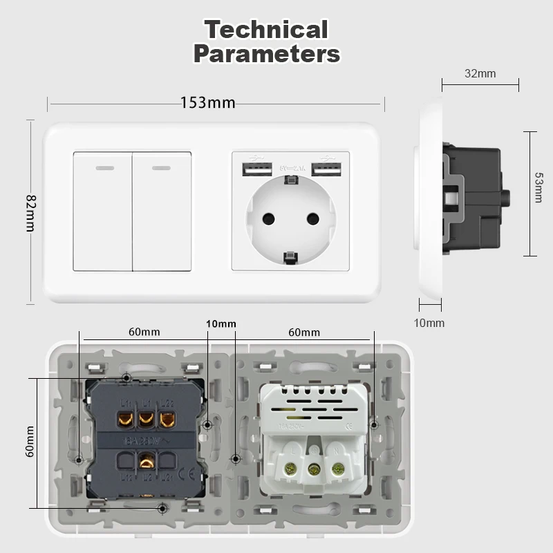 Евророзетка настенная NYWP с клавишным выключателем 220 В 16 А usb157 * 86