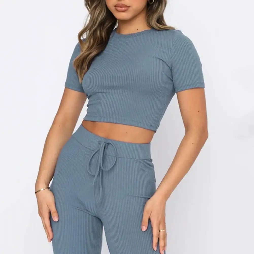 

2 Pcs/Set Chic Women Summer Tracksuit Waist-exposed Top Trousers Suit Solid Color Breathable Top Trousers Suit Sports