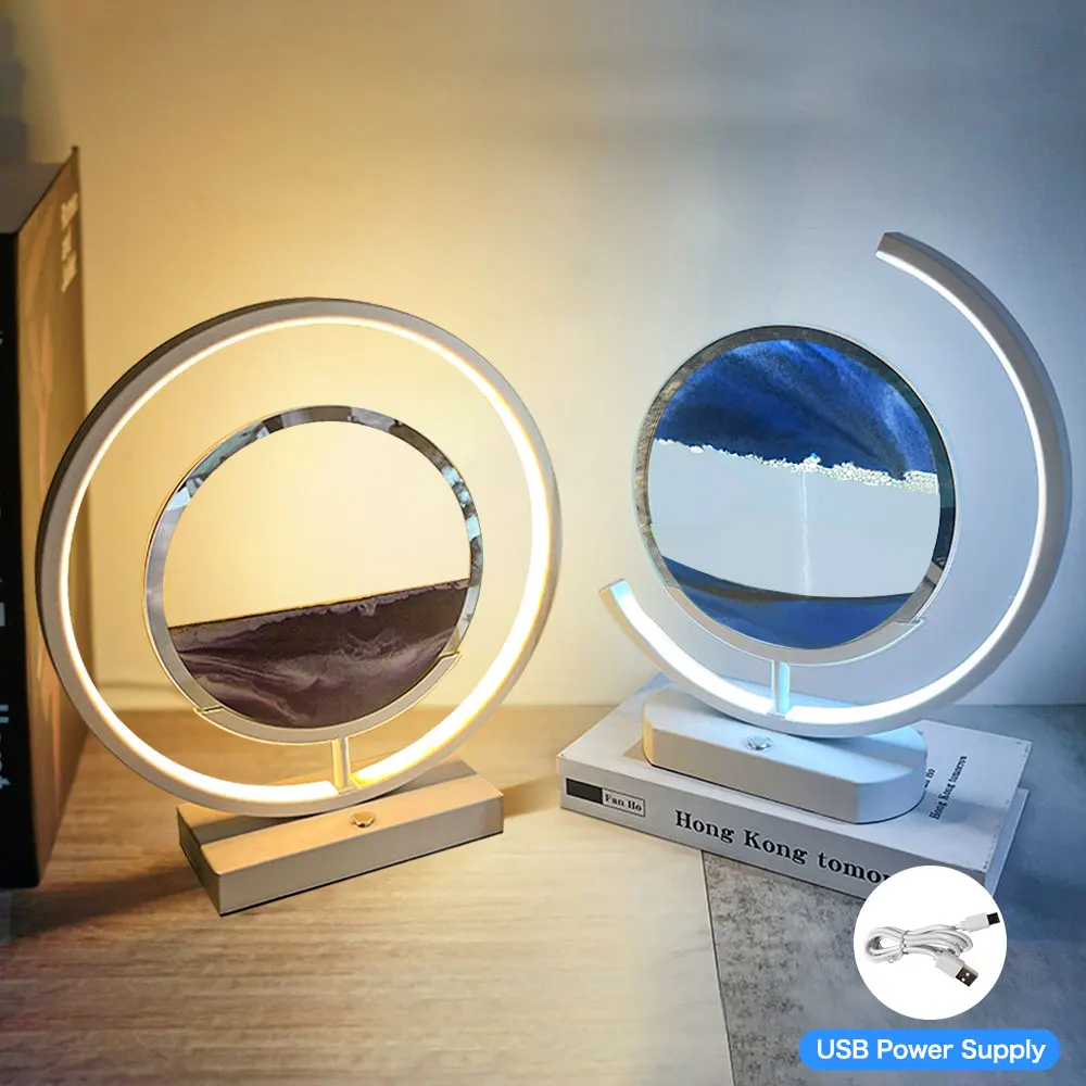 

LED Moving Sand Art Table Lamp 3D Hourglass Deep Sea Sandscape Display Flowing Frame 10/12inch Bedside Light Home Decoration