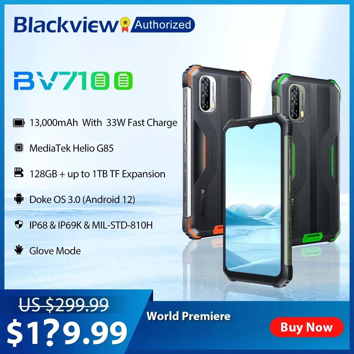 Смартфон Blackview BV7100 защищенный, 6 + 128 ГБ, Android 12, Helio G85, 8 ядер, 6,58 дюйма, 13000 мА · ч, NFC, 12 МП