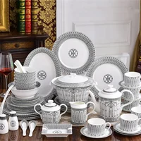 Best Selling 58 Pcs Nordic Porcelain Dinner Plates Royal Black Striped Dining Room Bone China Dinnerware Sets