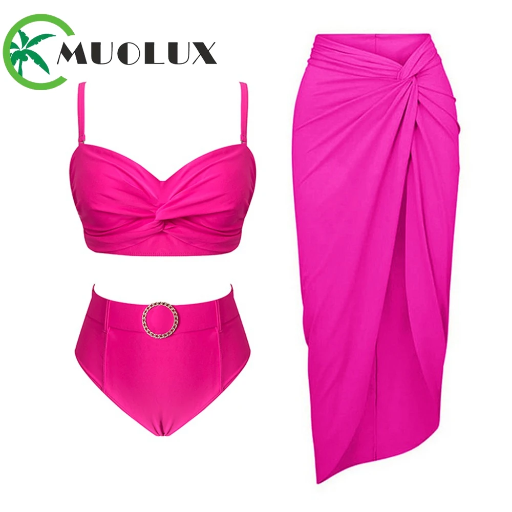 

MUOLUX 2023 Sexy Push Up High Waist Bikini Set 3 Piece Swimsuit Women Swimwear Luxury Ladies Beach Skirt Brazilian Swimming Suit
