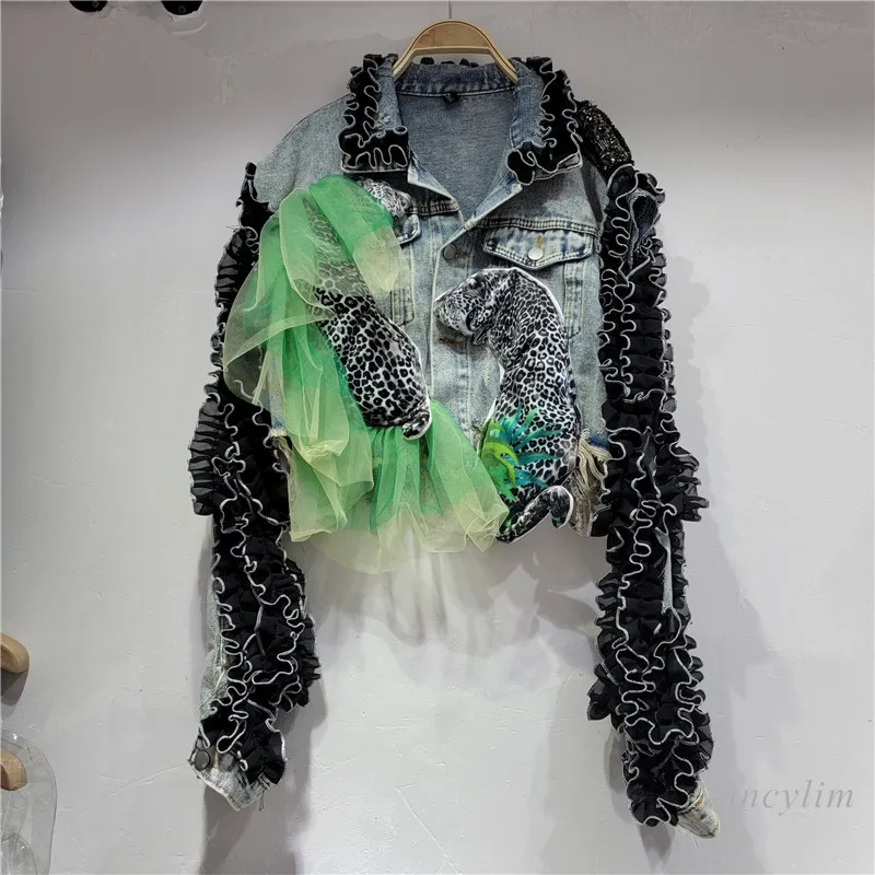 

2022 New Fashion Mesh Stitching Long Sleeve Denim Jacket Women's Fashion Jean Coat High Waist Short Top Cool Streetwear