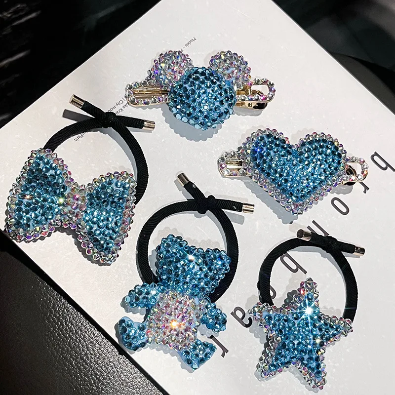 

Bear blue rubber band hairpin Female rhinestone lovely bow hair rope