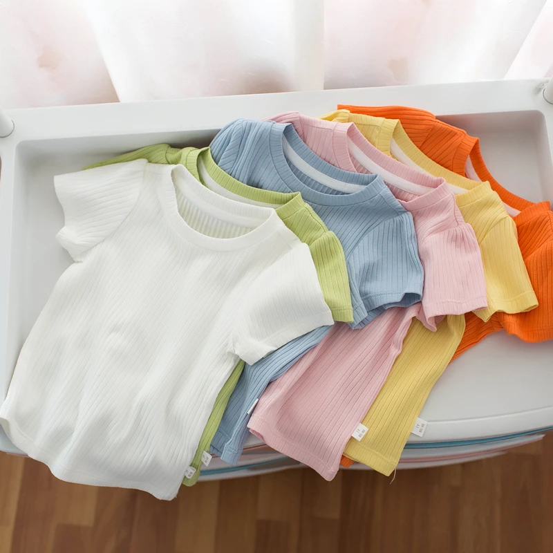 

Kids Clothes Girls Knitted T-shirts Summer Candy Color Short Sleeve Top for Babies Cotton Solid Boys Young Children's Clothing