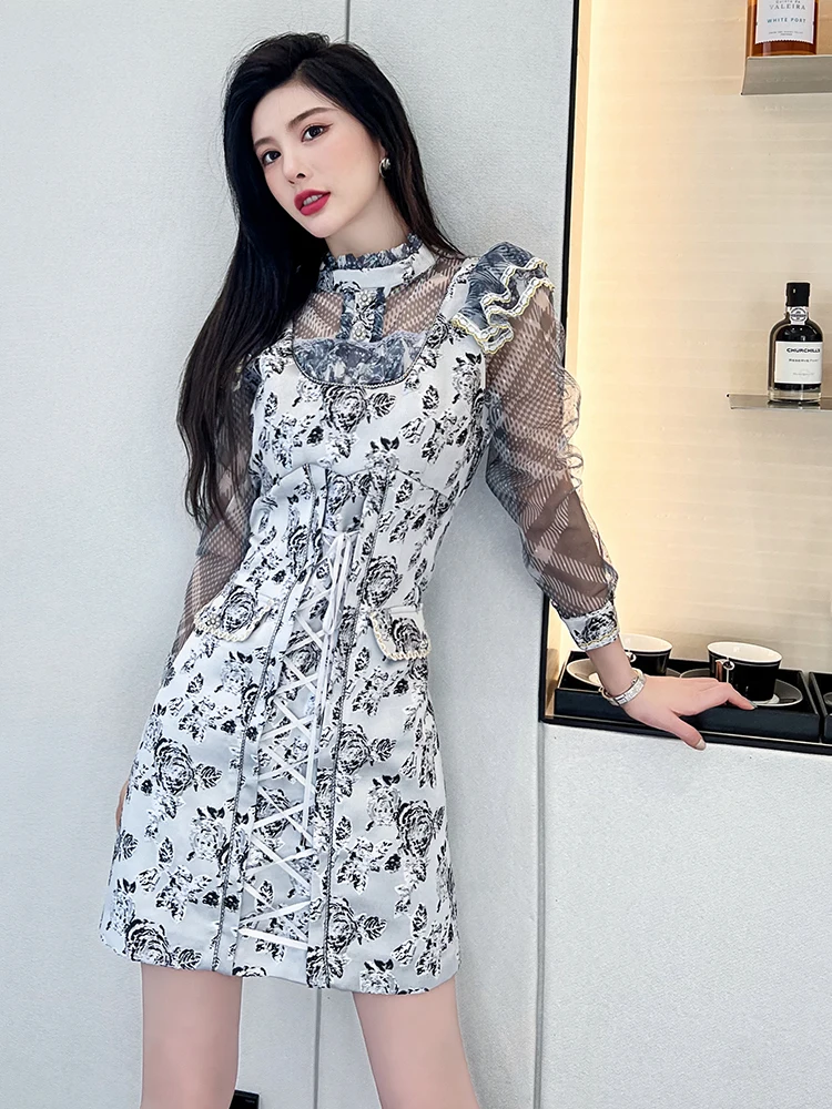 

Delocah High Quality Spring Women Fashion Runway Pencil Dress Long Sleeve Gorgeous Lace Ruffles Vintage Midi Dresses Vestidos