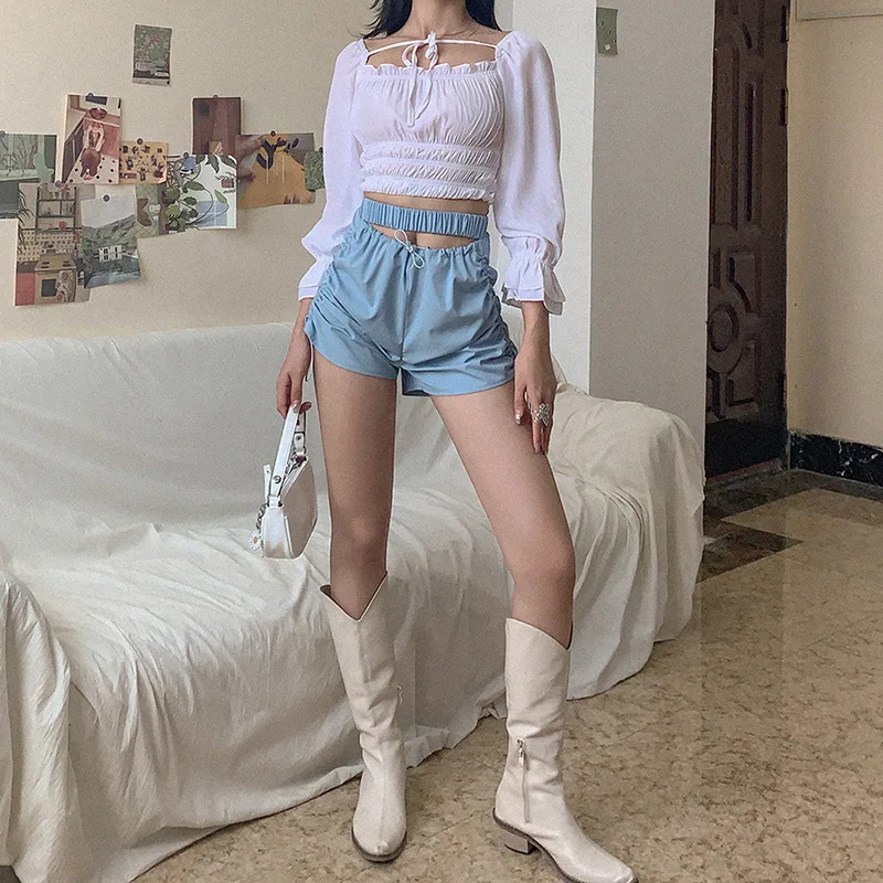 

Summer Fashion Women High Waist Casual Shorts Ruched Active Hollow Out Bottoms Lady Shorts Side Drawstring Street Womens Shorts