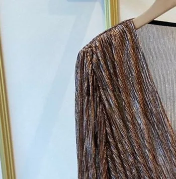 

Women Mini Dress V-neck Rib Long Lantern Sleeve High Waist Robe A-Line Vintage Spring