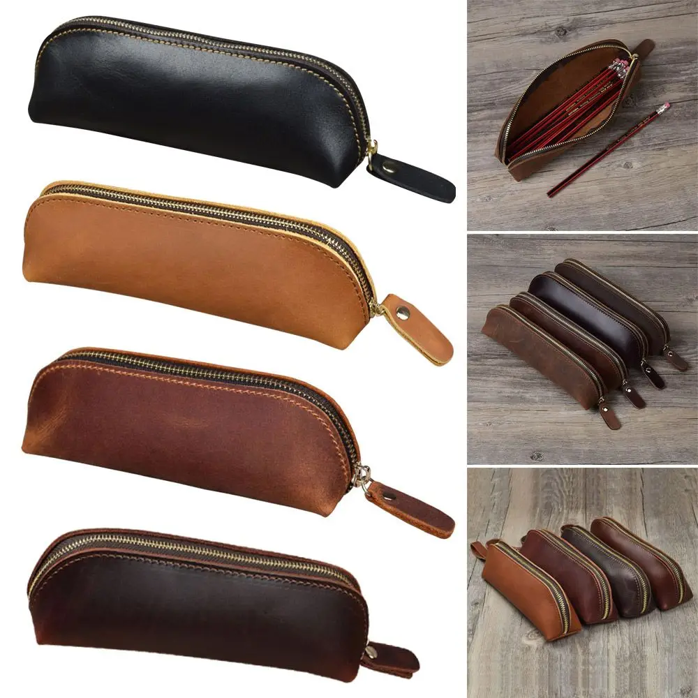 

Simple Office Stationery Zipper Multifunction Cowhide Pencil Bag Pen Storage Glasses Bag Pen Case Retro Style