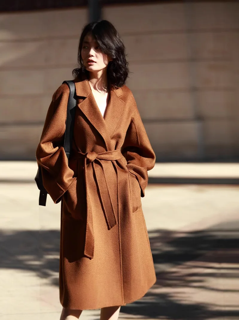 Зимнее пальто женское длинное кашемировое с волнистой водой повседневное модное