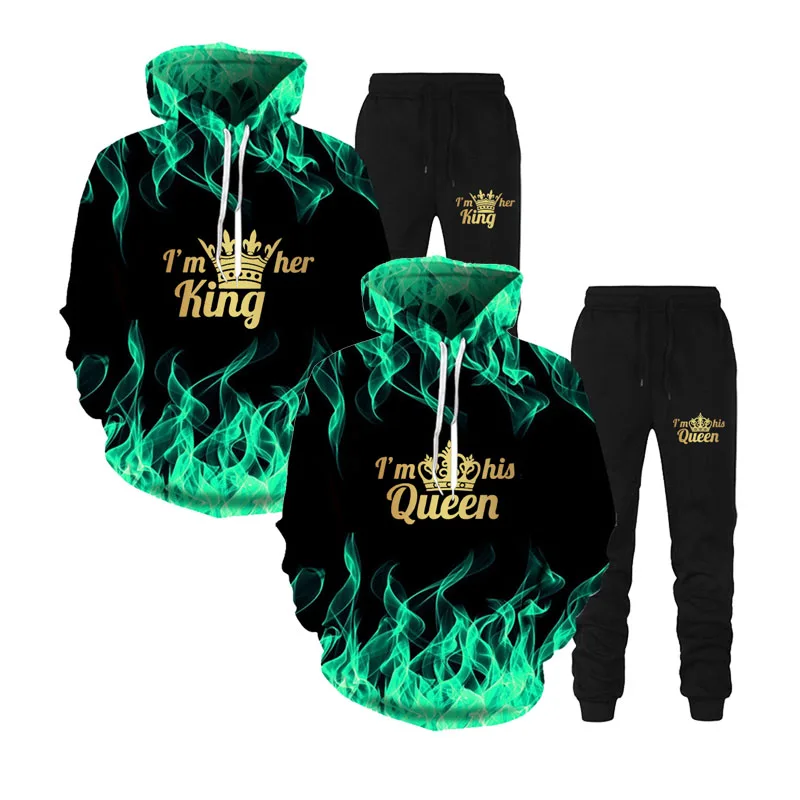 Спортивный костюм для пары свитшот с капюшоном и 3D принтом король королева его ее