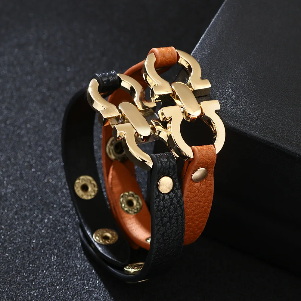 

Kirykle 2021 New Women Bracelet Female Design Red Black Brown PU Leather Gold Alloy Geometric Buckle Bracelets for Women Jewelry