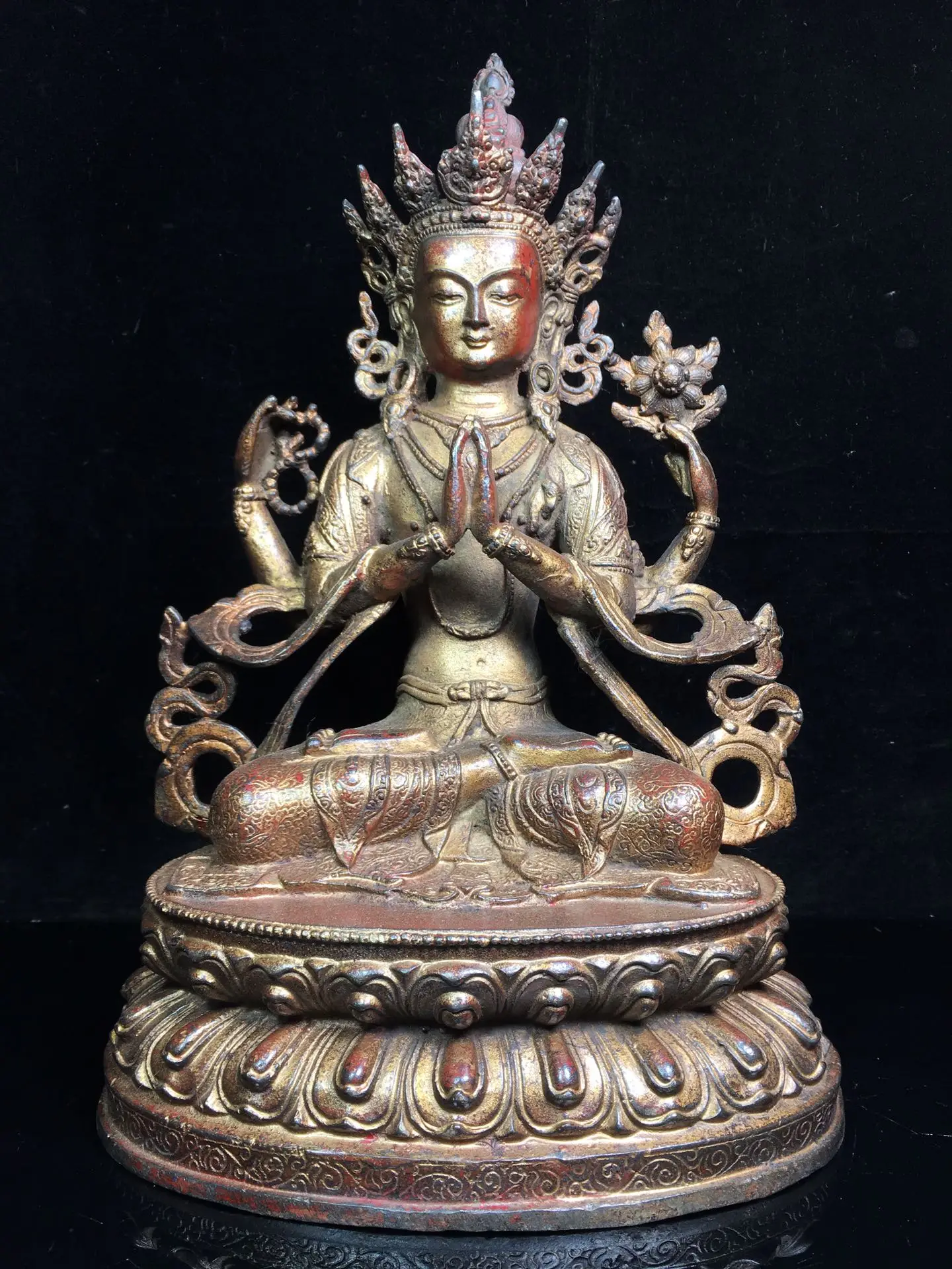 

13" Tibetan Temple Collection Old Bronze Cinnabar mud gold Four-armed Guanyin Double Lotus Terrace worship buddha Town house