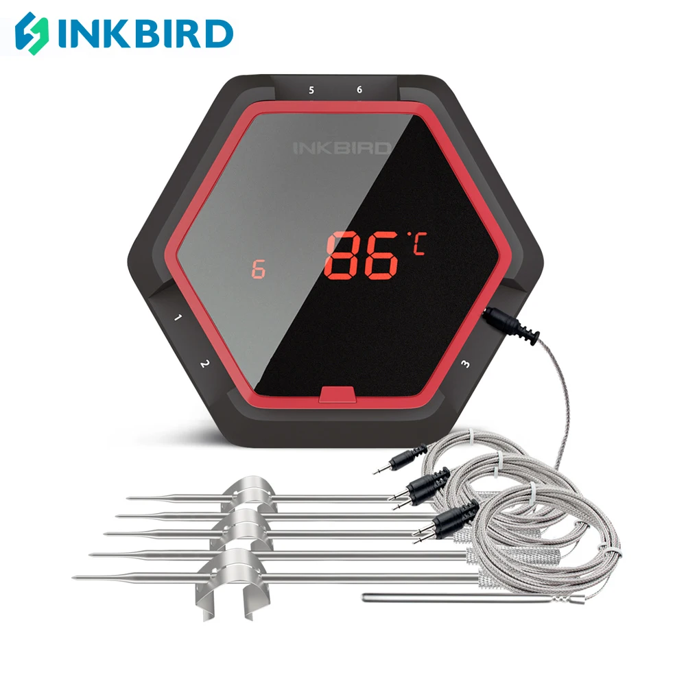 INKBIRD Grill Thermometer IBT-6XS Black&Red with Magnet 150ft Bluetooth Range Timer and Alarm 6 Probes for Digital Cooking Oven