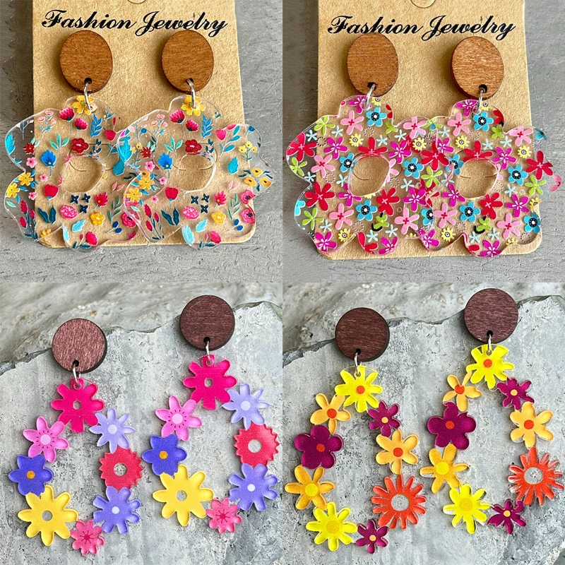 Женские акриловые серьги-подвески с цветами в богемном стиле