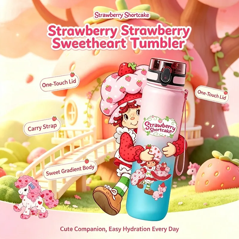 Фото Бутылка для воды Strawberry Shortcake 650 мл, герметичная кружка с откидной крышкой на одно нажатие, градиентный матовый стакан с ремешком для использования на улице №1