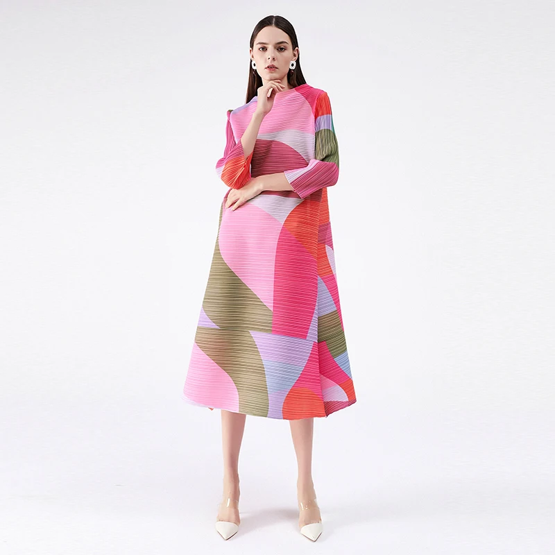 

Женское плиссированное платье YUDX Miyake, летнее свободное платье с геометрическим принтом и воротником-лодочкой, длинные платья-трапеция с поясом, 2023